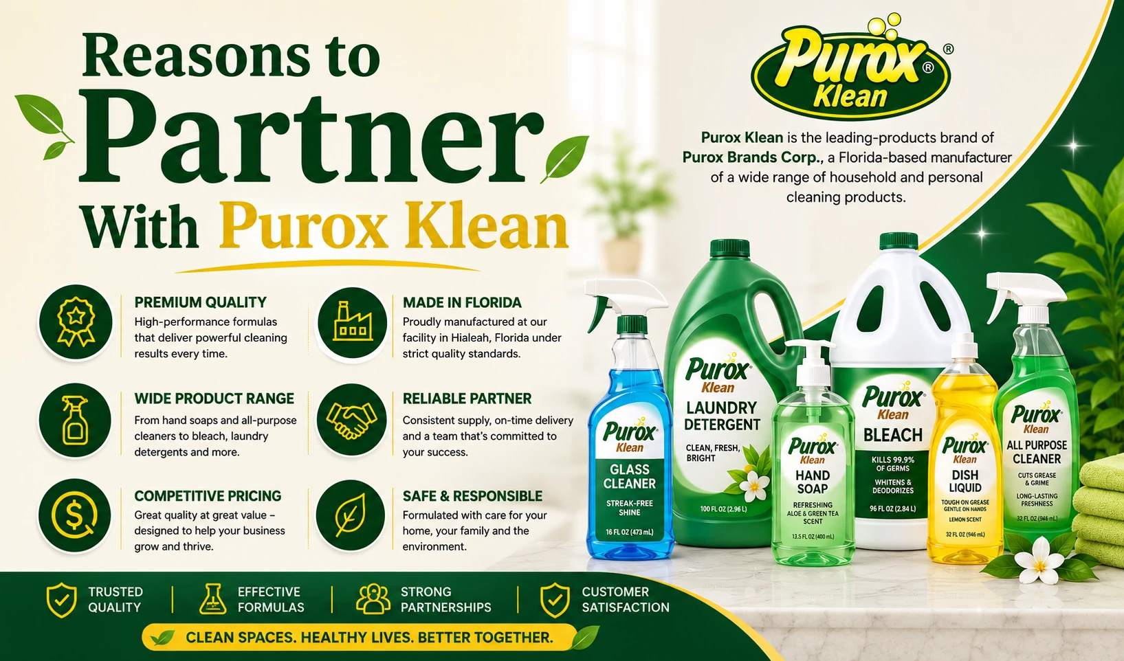 Reasons to partner with Purox Klean, the cleaning-products brand of Purox Brands Corp, a Florida-based manufacturer of household and personal cleaning products. Premium quality: high-performance formulas. Made in Florida: manufactured at our facility in Hialeah. Wide product range: from hand soaps and all-purpose cleaners to bleach and laundry detergents. Reliable partner: consistent supply and on-time delivery. Competitive pricing. Safe and responsible: formulated with care for your home, your family and the environment. Shown with the Purox Klean glass cleaner, laundry detergent, hand soap, bleach, dish liquid and all-purpose cleaner bottles.
