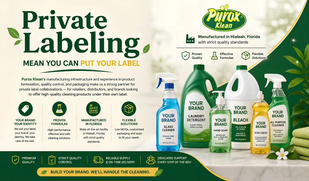 Private labeling means you can put your label on it. Purox Klean's manufacturing infrastructure and experience in product formulation, quality control, and packaging make us a strong partner for private label collaborations — for retailers, distributors, and brands looking to offer high-quality cleaning products under their own label. Manufactured in Hialeah, Florida with strict quality standards; proven quality, effective formulas, flexible solutions. Your brand, your identity: we put your label on it and take care of the rest. Proven formulas: high-performance, effective and safe cleaning solutions. Manufactured in Florida: a facility in Hialeah with strict quality standards. Flexible solutions: low minimum order quantities, customised packaging and sizes. Premium quality, strict quality control, reliable supply and on-time delivery, and dedicated support at every step. Build your brand — we'll handle the cleaning. Shown with glass cleaner, laundry detergent, hand soap, bleach, dish liquid and all-purpose cleaner bottles carrying a Your Brand label.
